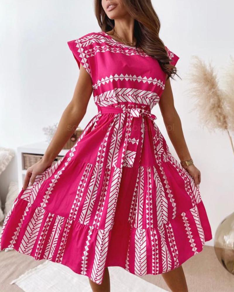 

All Over Print Ruffle Hem Tie Front Dress, Hot pink