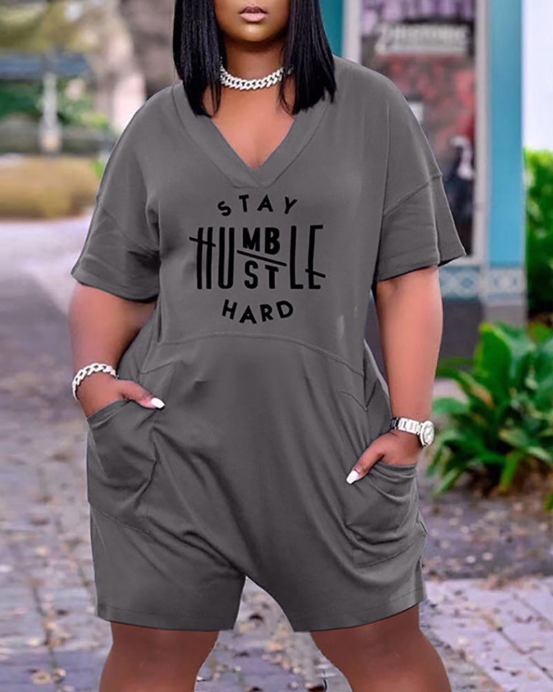 

Letter Print Pocket Design Short Sleeve Casual Romper, Dark grey