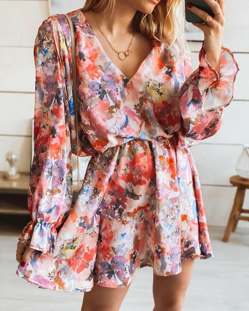 

Tie Dye V-Neck Flounce Sleeve Casual Dress, Pink