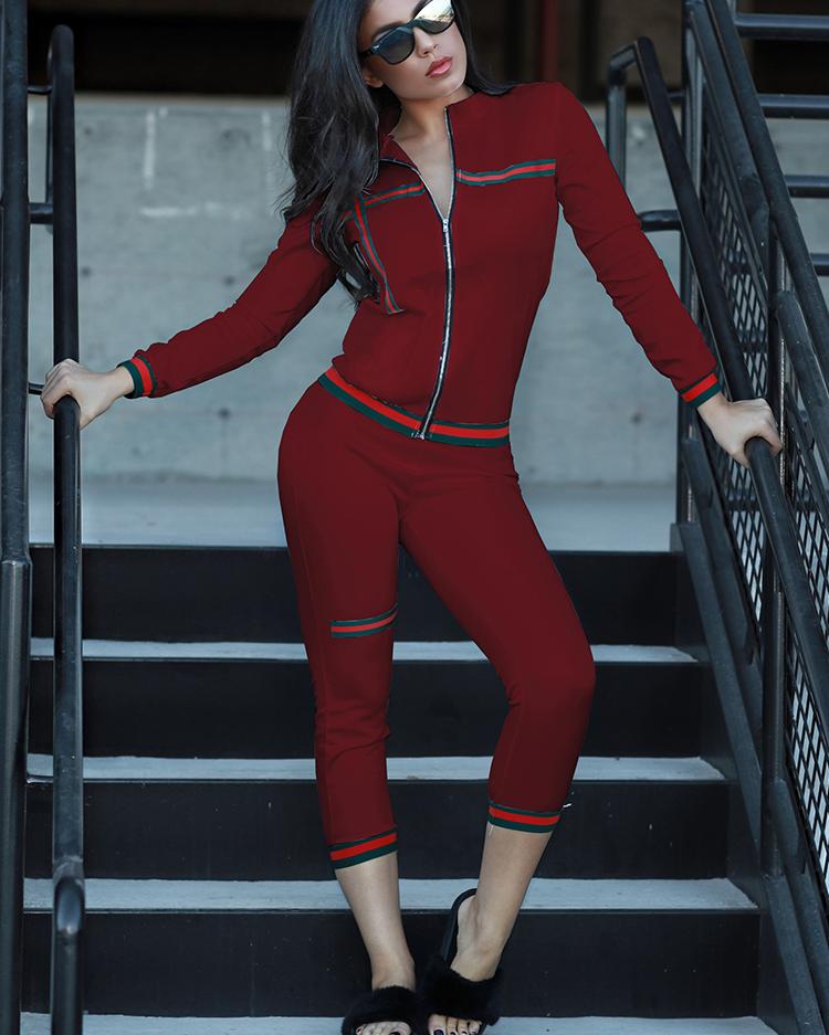 

Contrast Binding Zip Front Top & Pants Set, Wine red
