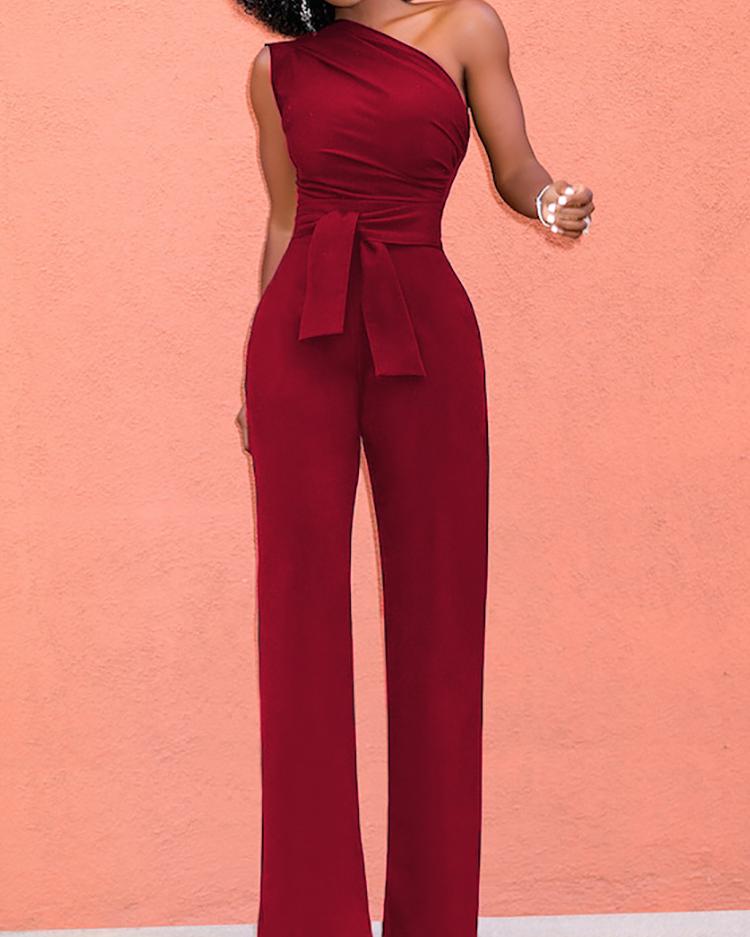 

Stylish Skew Neck Tied Jumpsuits, Red