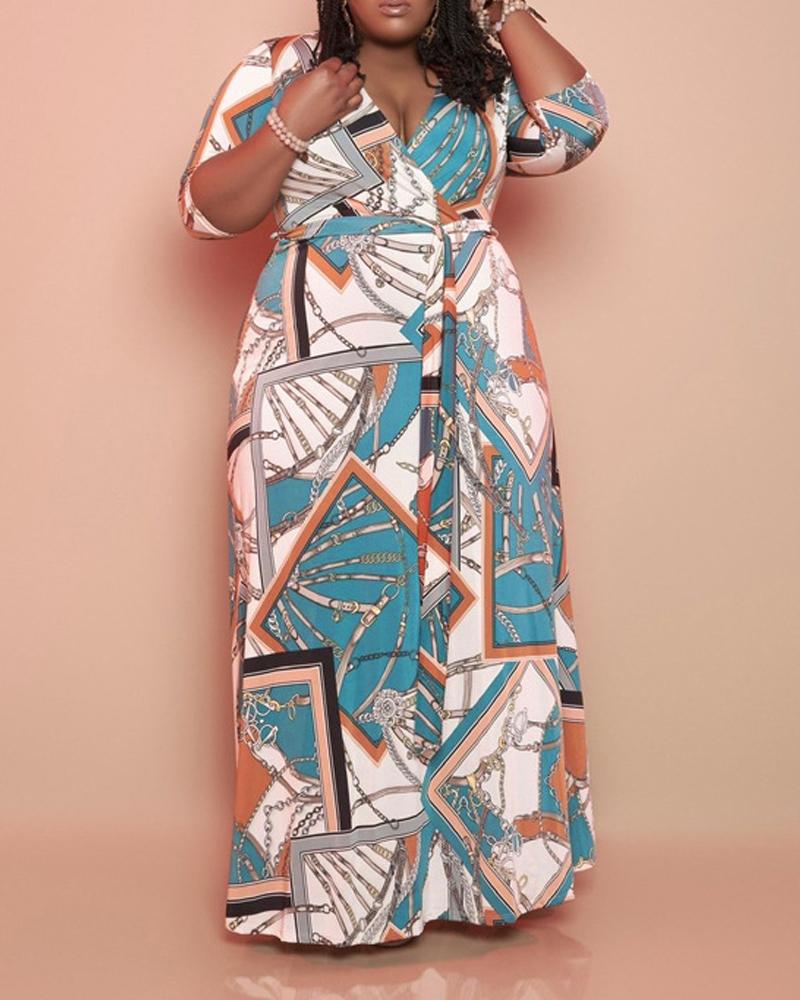

Plus Size Scarf Chain Print Belted Wrap Maxi Dress, White