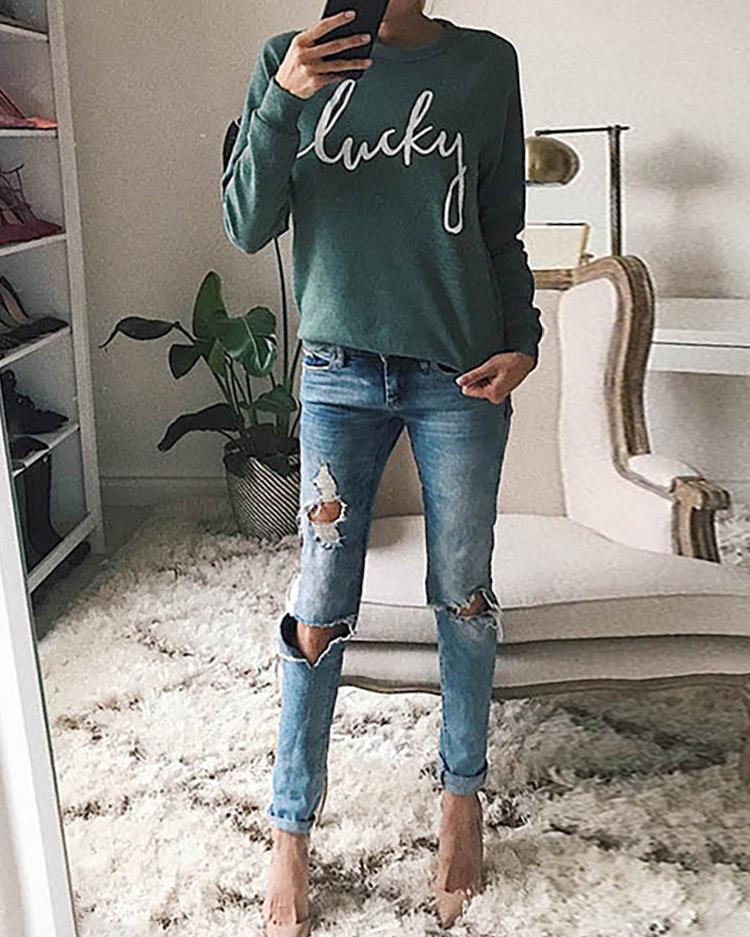 

Letter Print Crew Neck Sweatshirt, Green