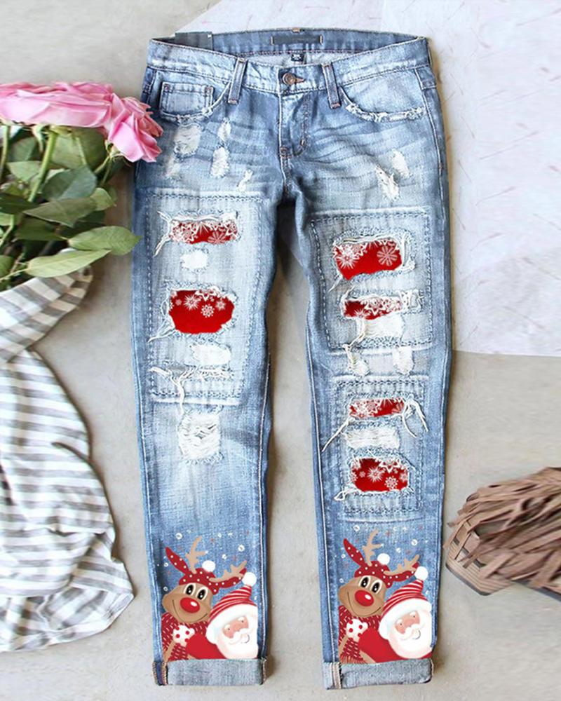 

Christmas Reindeer Santa Claus Snowflake Print Ripped Jeans, Lighted blue