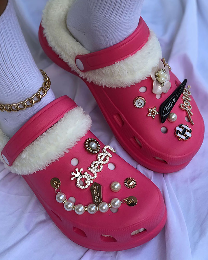 

Floral Letter Graphic Pattern Beaded Lined Fluffy Colgs, Hot pink