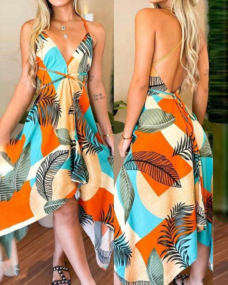 

Palm Leaf Print Colorblock Criss Cross Backless Dress, Multicolor