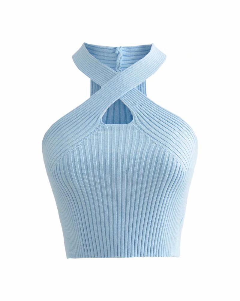 

Cross Halter Cutout Crop Knit Top, Lighted blue