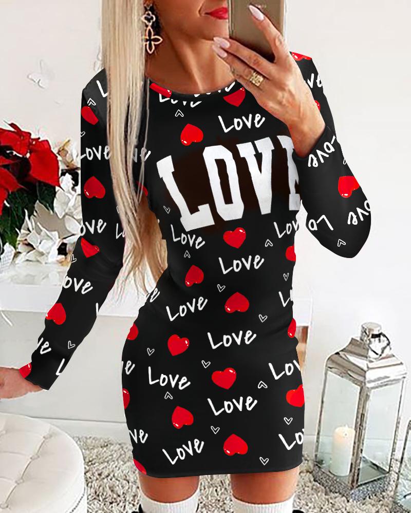 

Letter Heart Print Long Sleeve Bodycon Dress, Black
