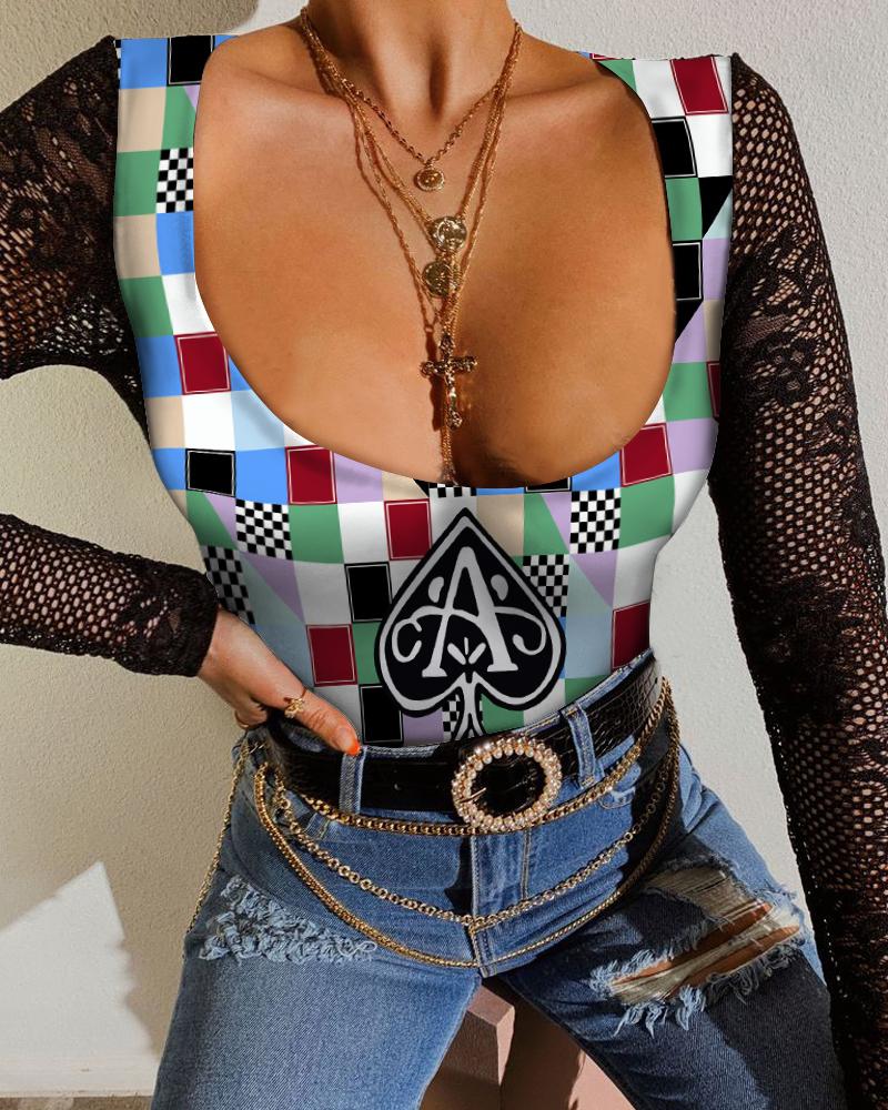 

Poker Print Colorblock Lace Bodysuit, Multicolor