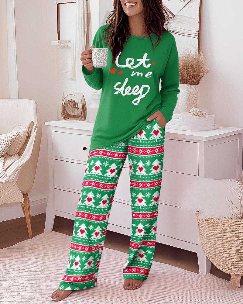 

2 Pieces Outfit Heart & Let me sleep Slogan Print Long Sleeve Top and Christmas Tree & Snowflake Print Colorblock Elastic Waist Pants Set Casual Christmas Pajamas Set, Green