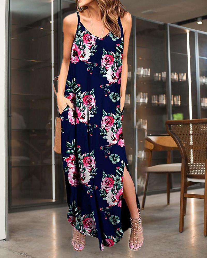 

Spaghetti Strap Sunflower Print Slit Maxi Dress, Dark blue