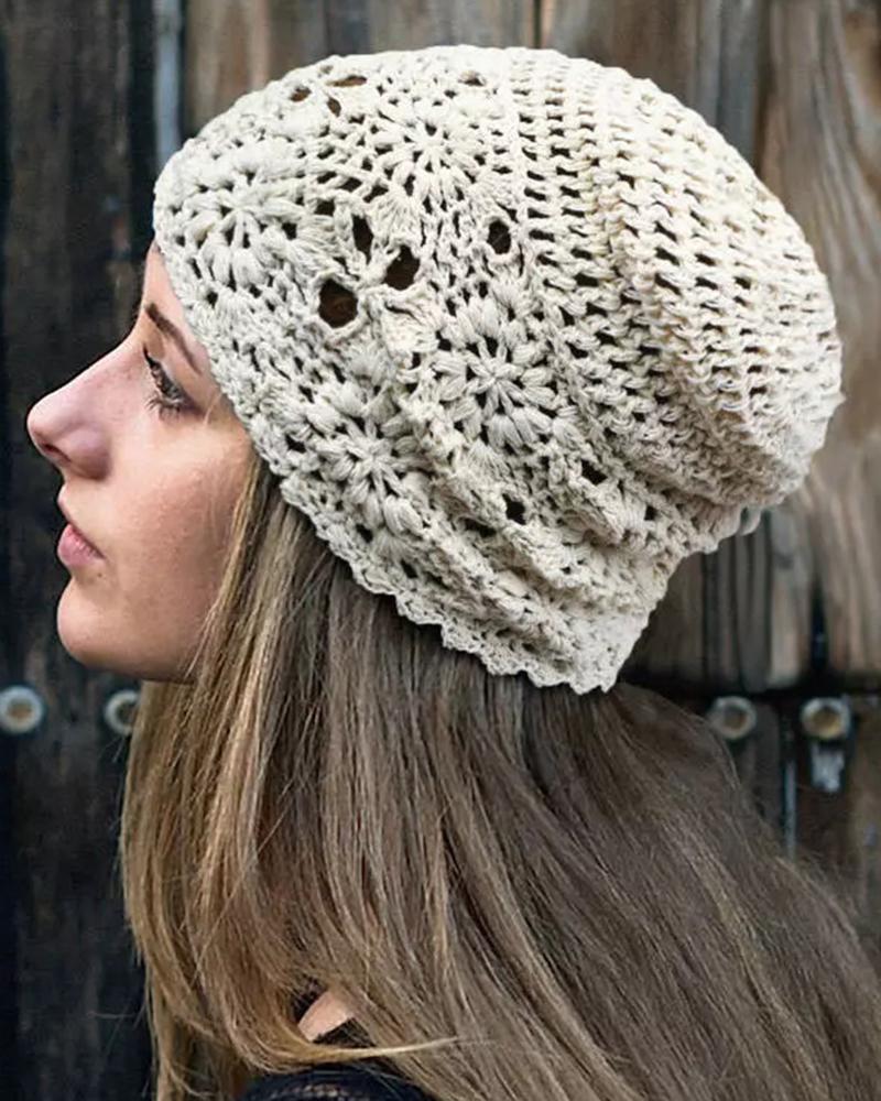 

Crochet Knitted Hollow Out Hat, Beige