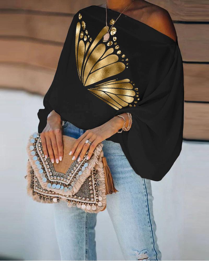 

Metallic Butterfly Lantern Sleeve Top, Black