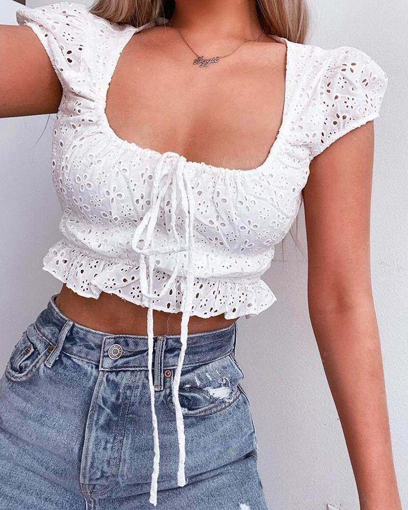 

Plain Lace Up Eyelet Crop Frill Hem Top, White