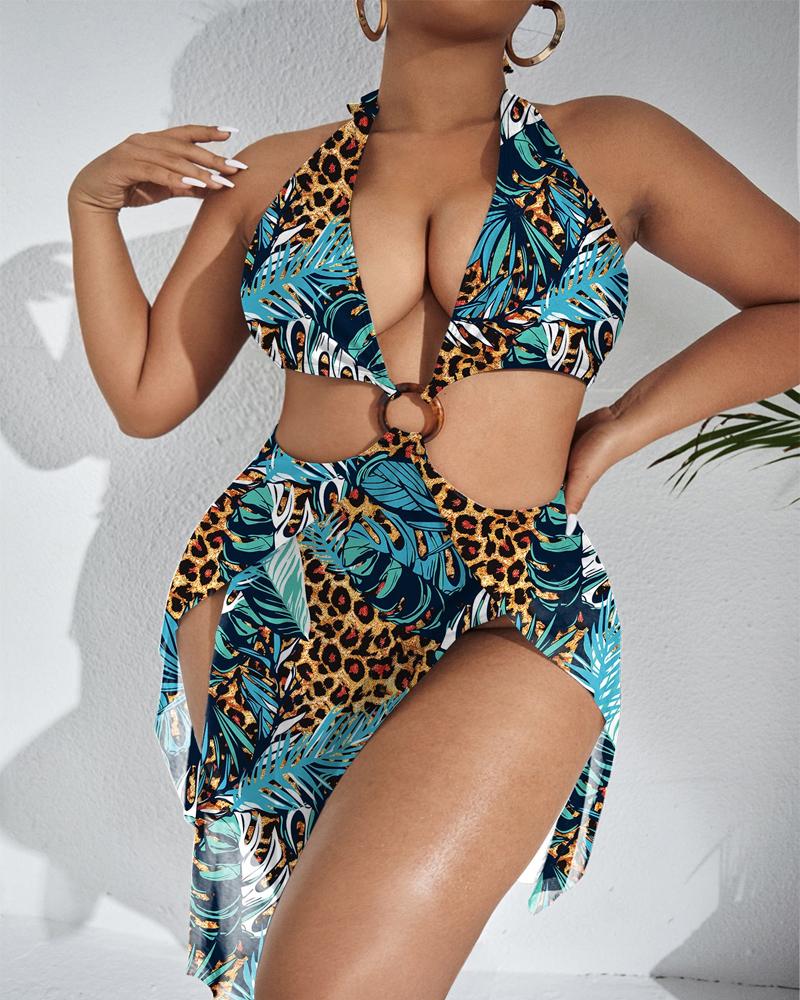 

Plus Size Tropical Leopard Print Cutout One-Piece Swimsuit, Blue