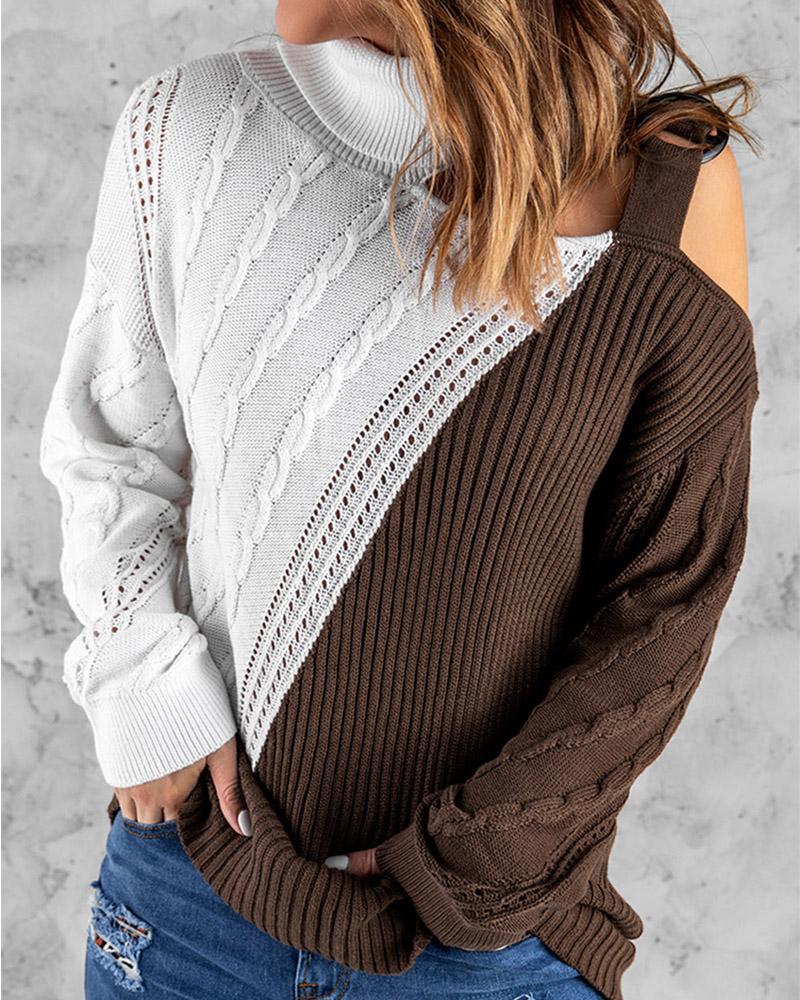 

Colorblock Cold Shoulder Cable Knit Sweater, Brown