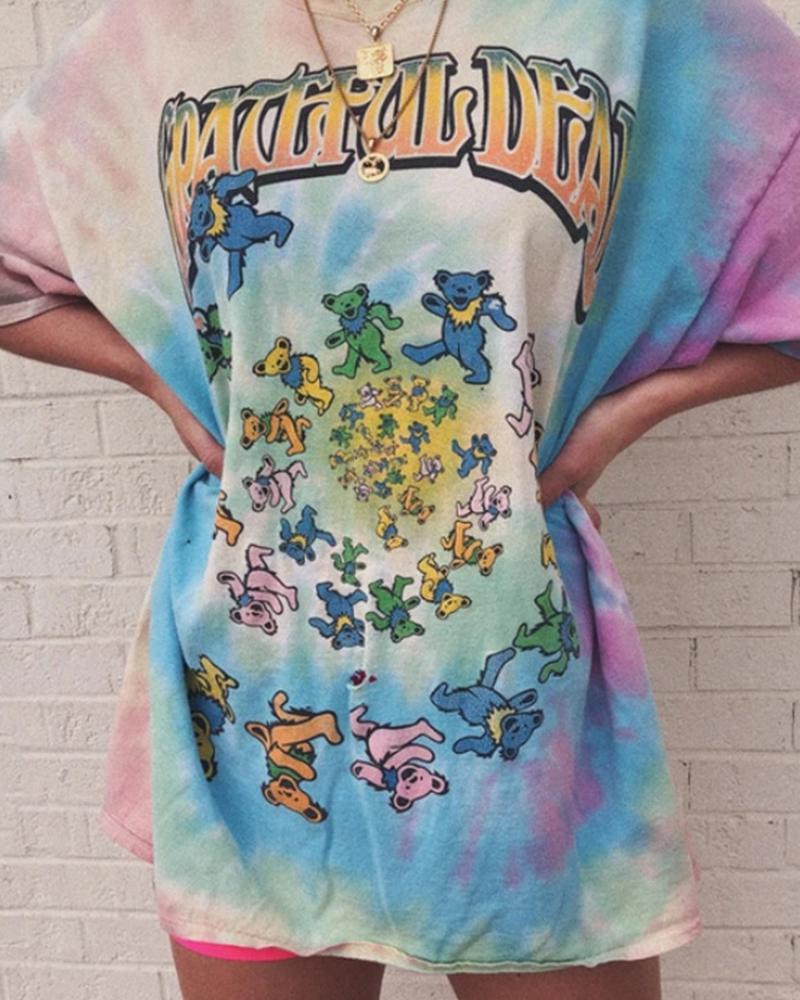 

Cartoon Print Short Sleeve Loose T-shirt, Multicolor