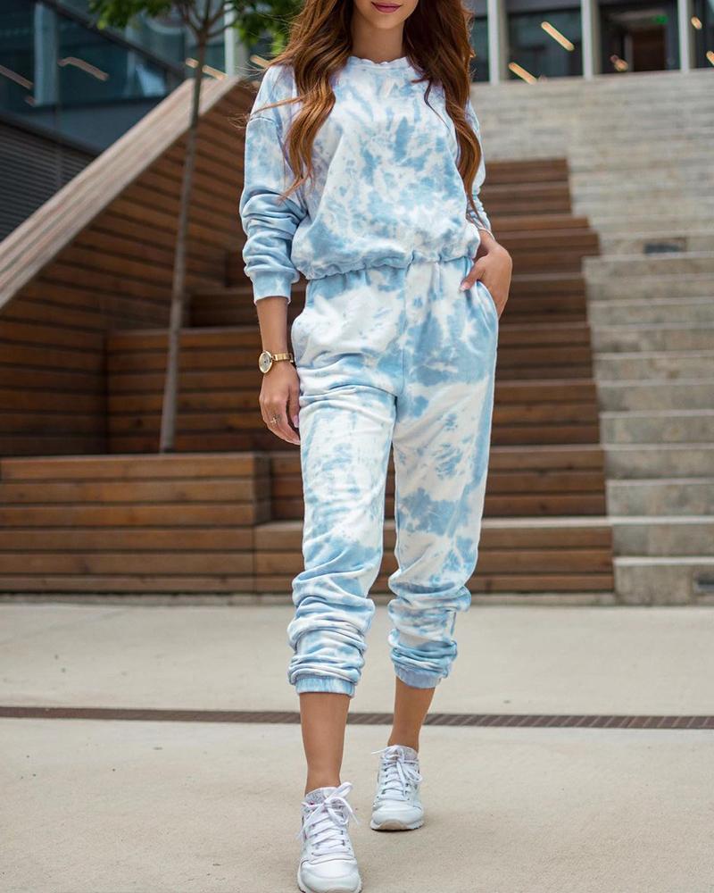 

Tie Dye Long Sleeve Top & Pocket Design Pants Set, Blue