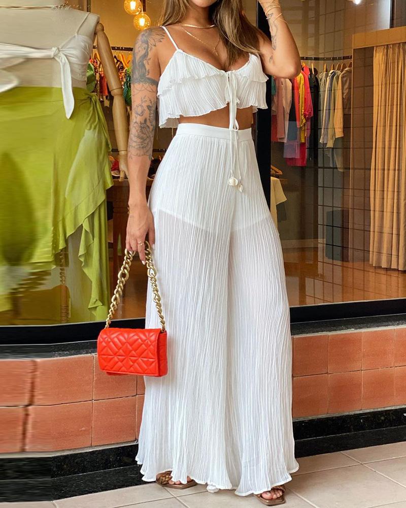 

Tied Detail Crop Cami Top & Wide Leg Pants Set, White