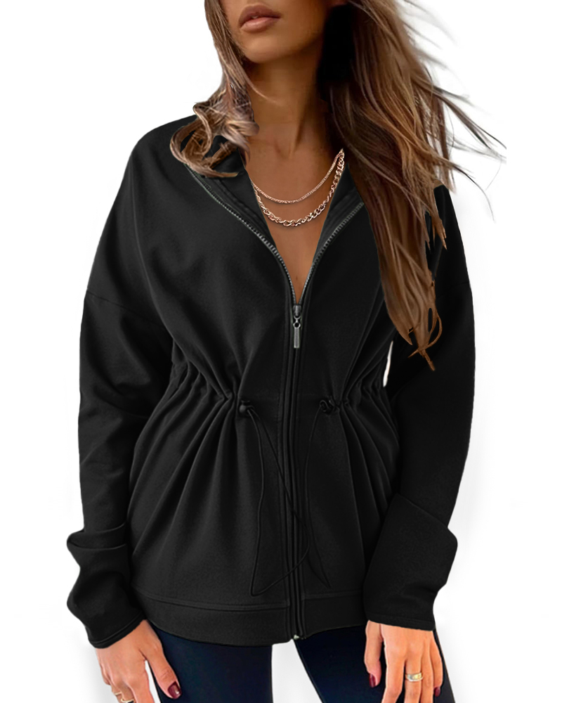 

Manteau à capuche à manches longues et cordon de serrage à la taille, veste cardigan décontractée ample avec poches, Black