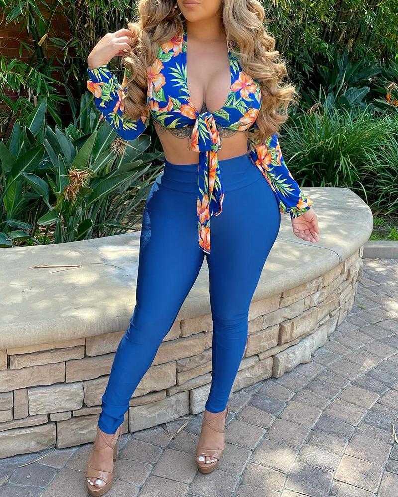 

Tropical Print Knotted Crop Top & Plain Pants Set, Blue