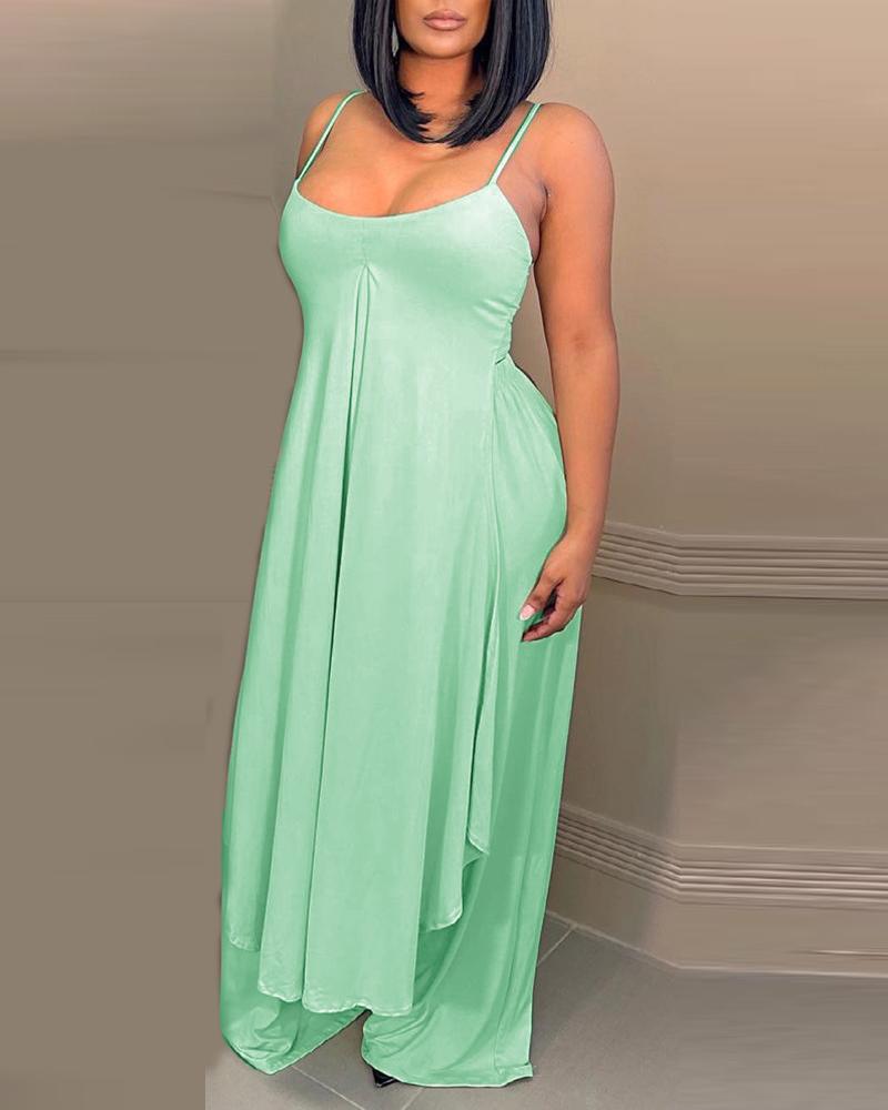 

Spaghetti Strap Ruffles Asymmetrical Jumpsuit, Light green