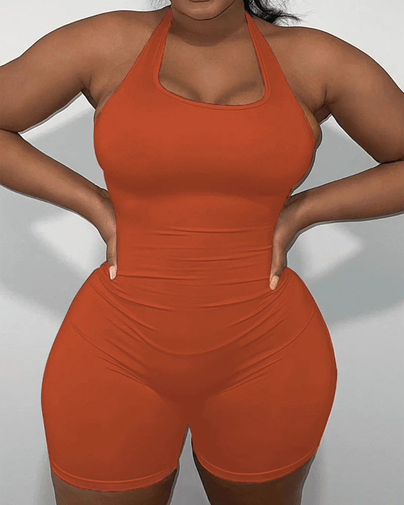

Plus Size Plain Halter Backless Skinny Romper, Orange