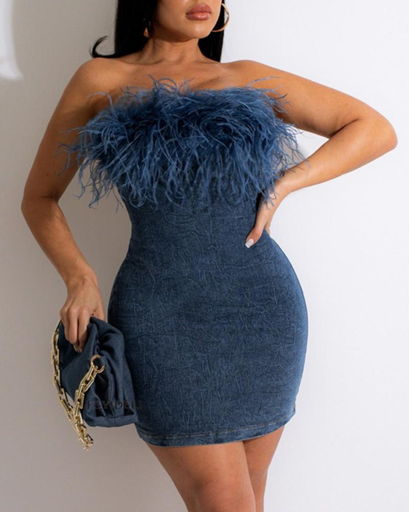 

Feather Detail Bandeau Party Dress, Blue