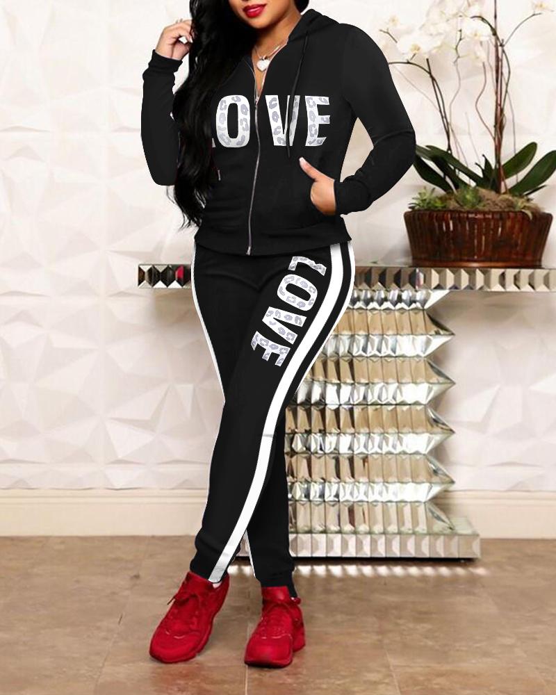 

Leopard Love Letter Print Hooded Sweatshirt & Striped Pants Set, Black