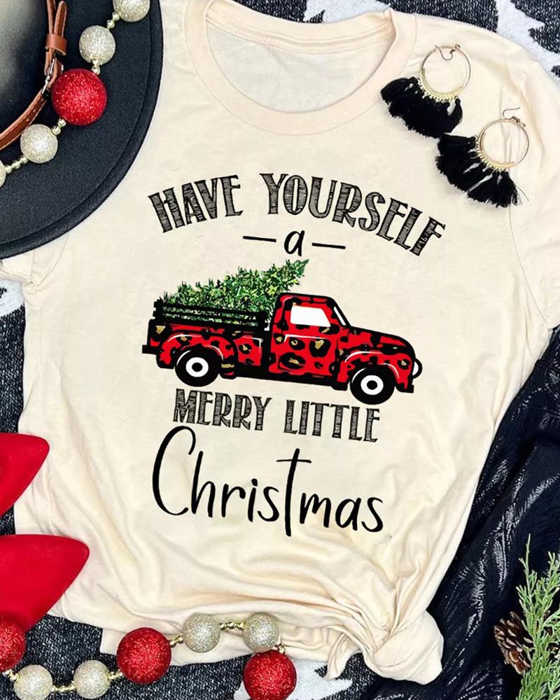 

Christmas Tree Letter Print Casual T-shirt, Apricot