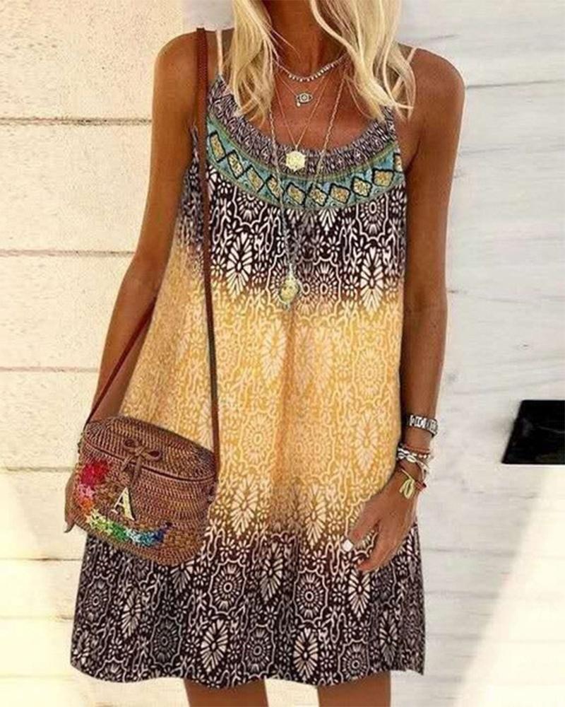 

Vintage Tribal Print Casual Cami Dress, Yellow