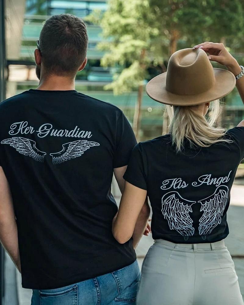 

Valentine's Day Wings Letter Print T-shirt For Women, Black