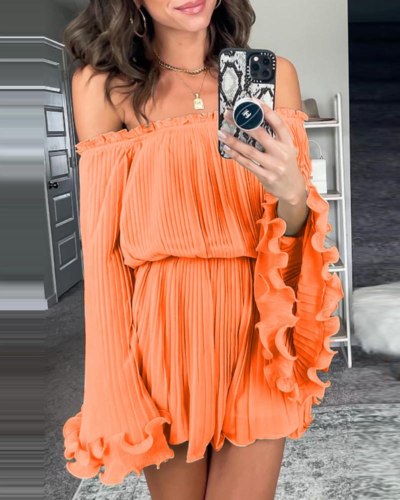 

Solid Color Off Shoulder Ruched Bell Long Sleeve Casual Dress Mini Dress, Orange