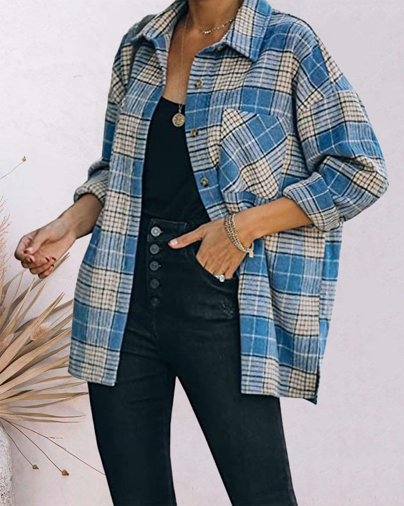

Plaid Print Long Sleeve Button Down Shacket, Blue