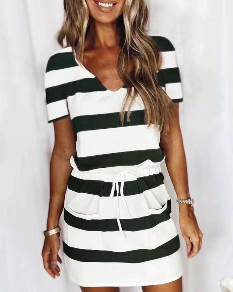 

Pocket Design Drawstring Striped Casual Dress, Black