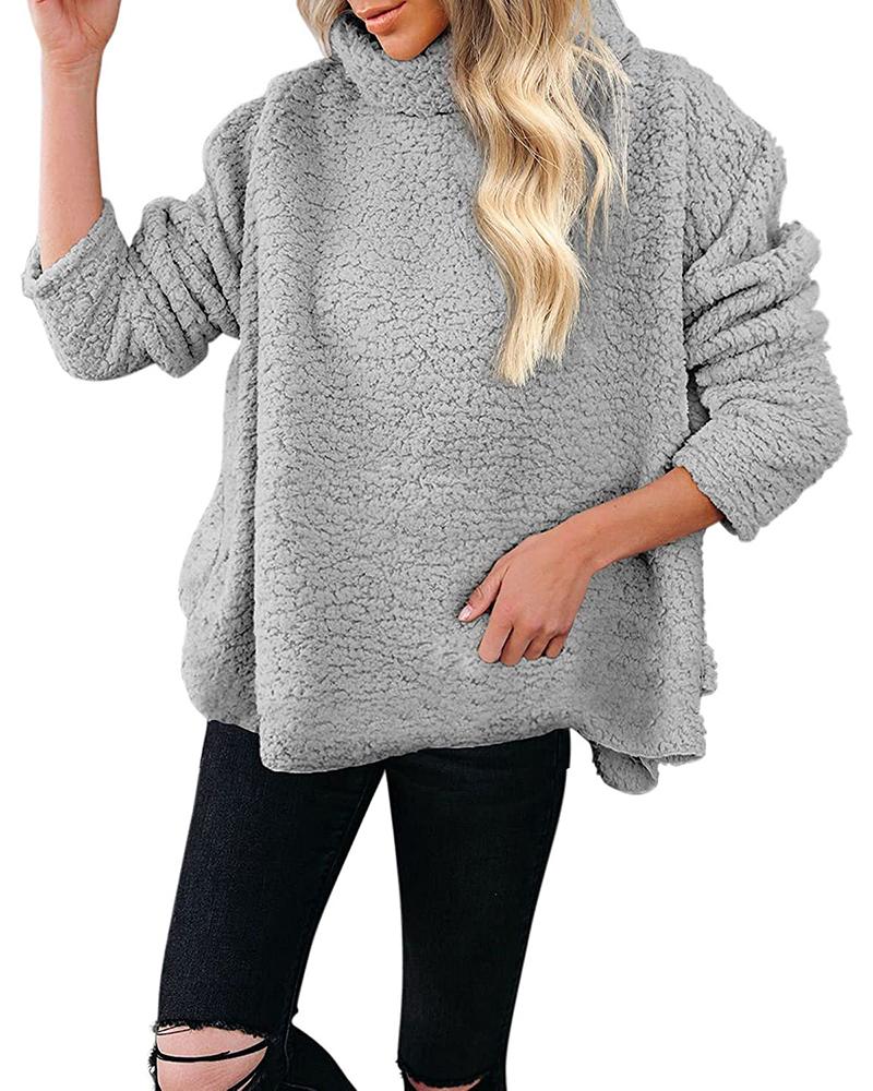 

Long Sleeve High Neck Fleece Fuzzy Coat, Gray