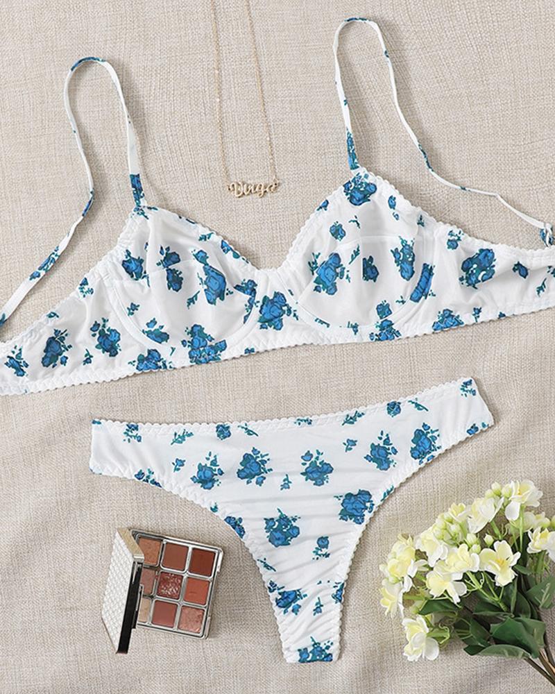 

Floral Print Sling Bra Sets, White