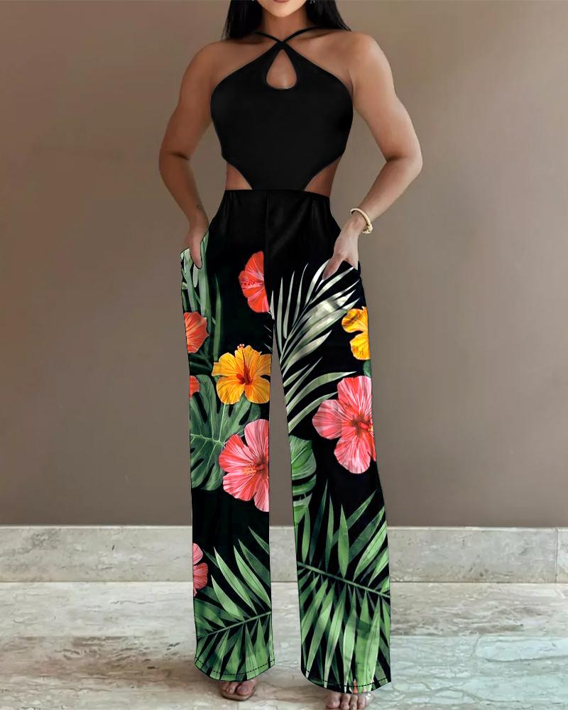 

Tropical Floral Print Criss Cross Jumpsuit, Black