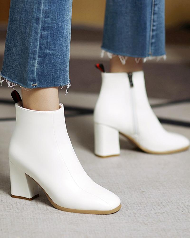 

Chic Womens Square Toe Side Zipper High Heel Boots, White