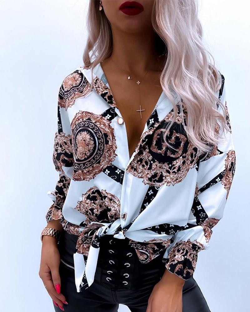 

Baroque Print Button Decor Long Sleeve Top, White