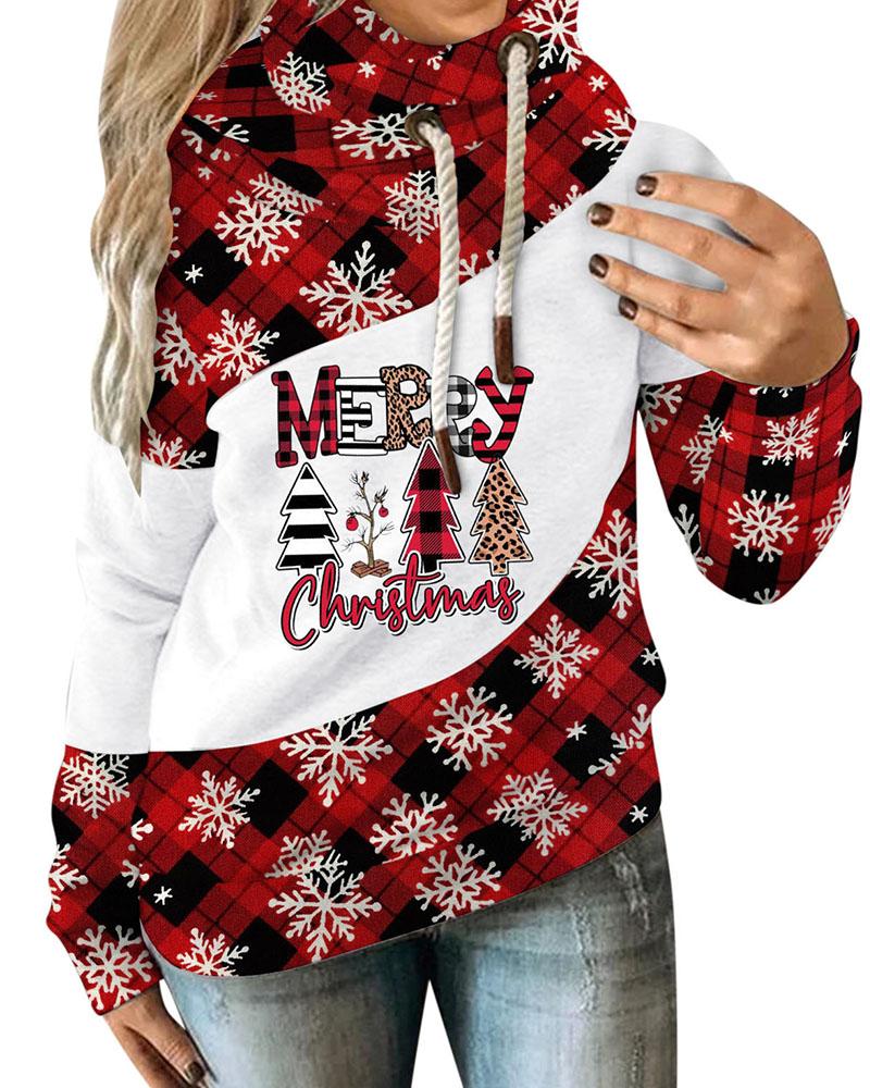 

Christmas Plaid Snowflake Letter Pattern Hooded Top, Gold
