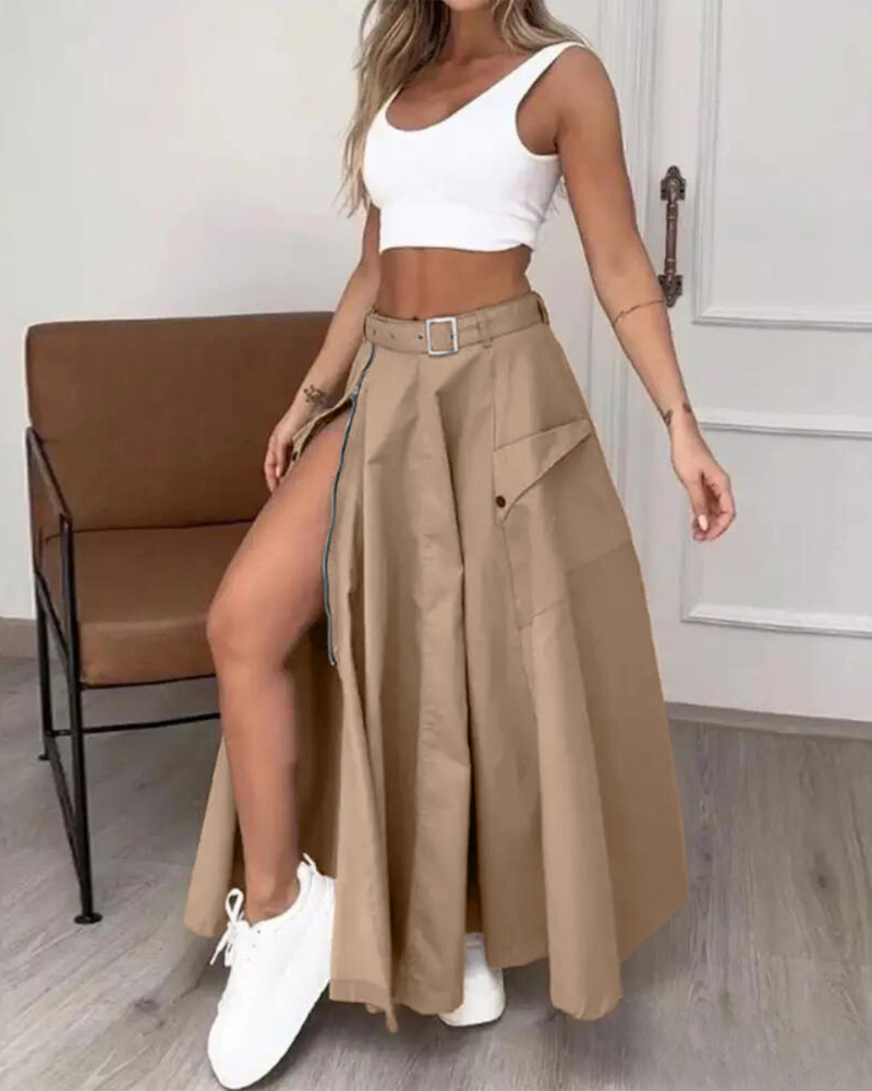 

Adjustable Waistbelt Zipper High Slit Maxi A-line Skirt, Khaki