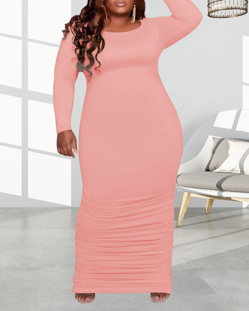 

Plus Size Long Sleeve Ruched Bodycon Dress, Pink