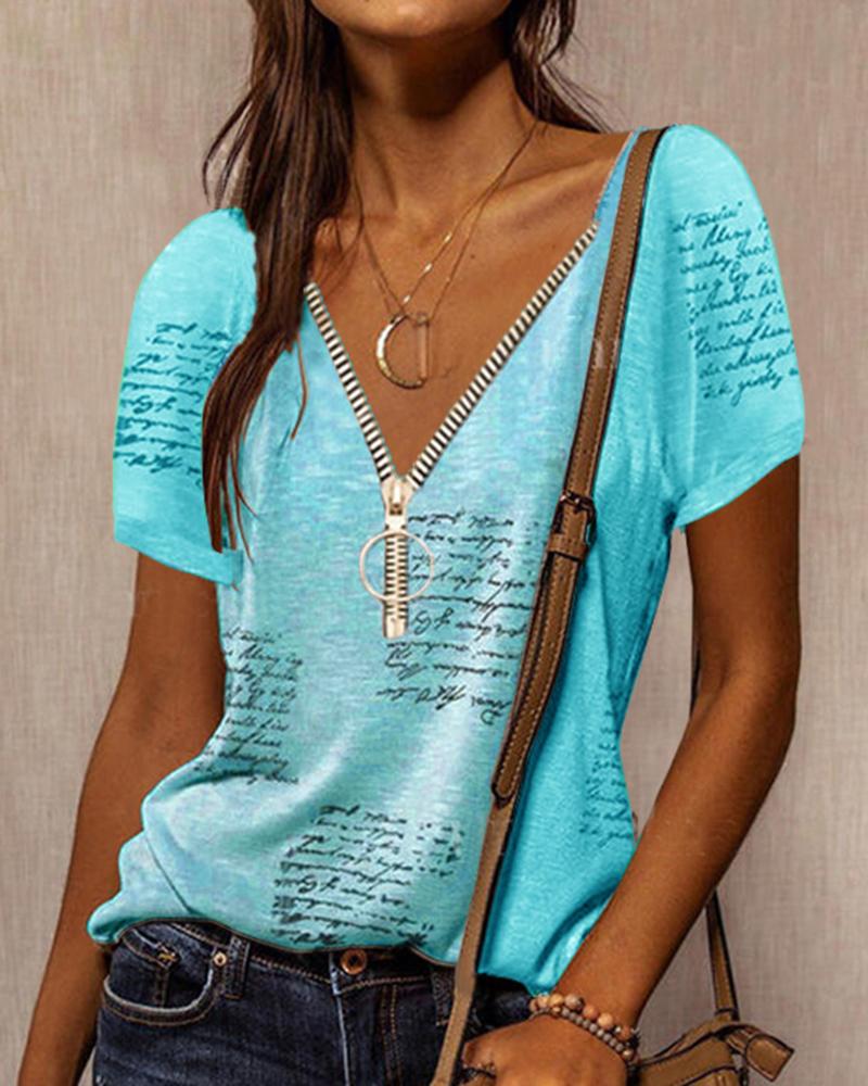 

Letter Print Zipper Front T-shirt, Light blue