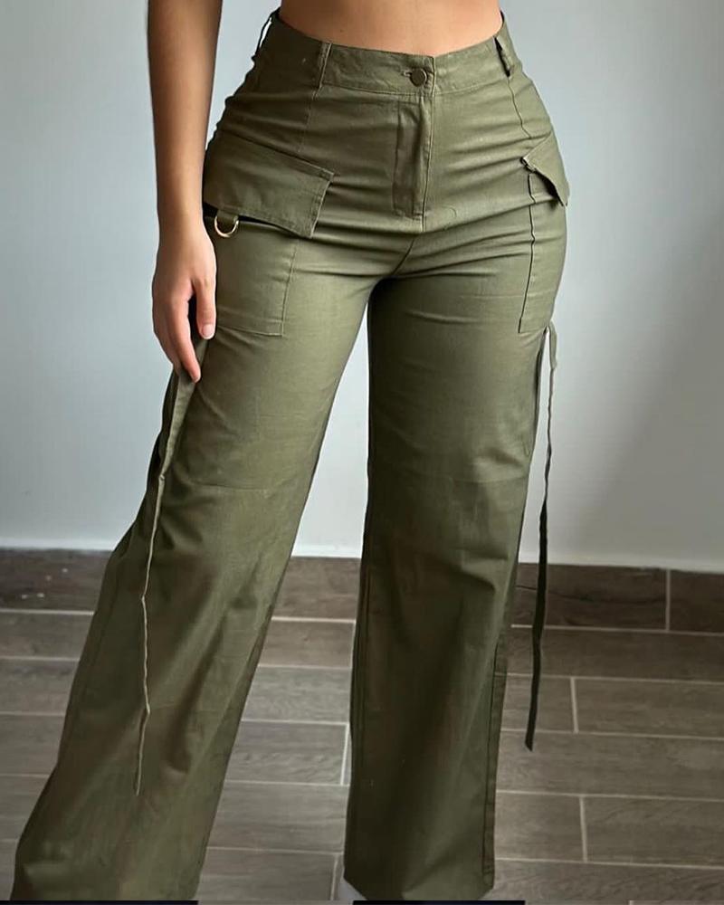 

Pocket Design Straight Leg Cargo Pants, Army green
