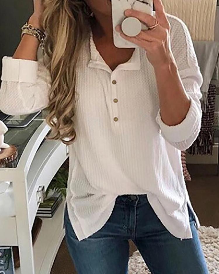 

Solid Button Design Casual Women Blouse, White