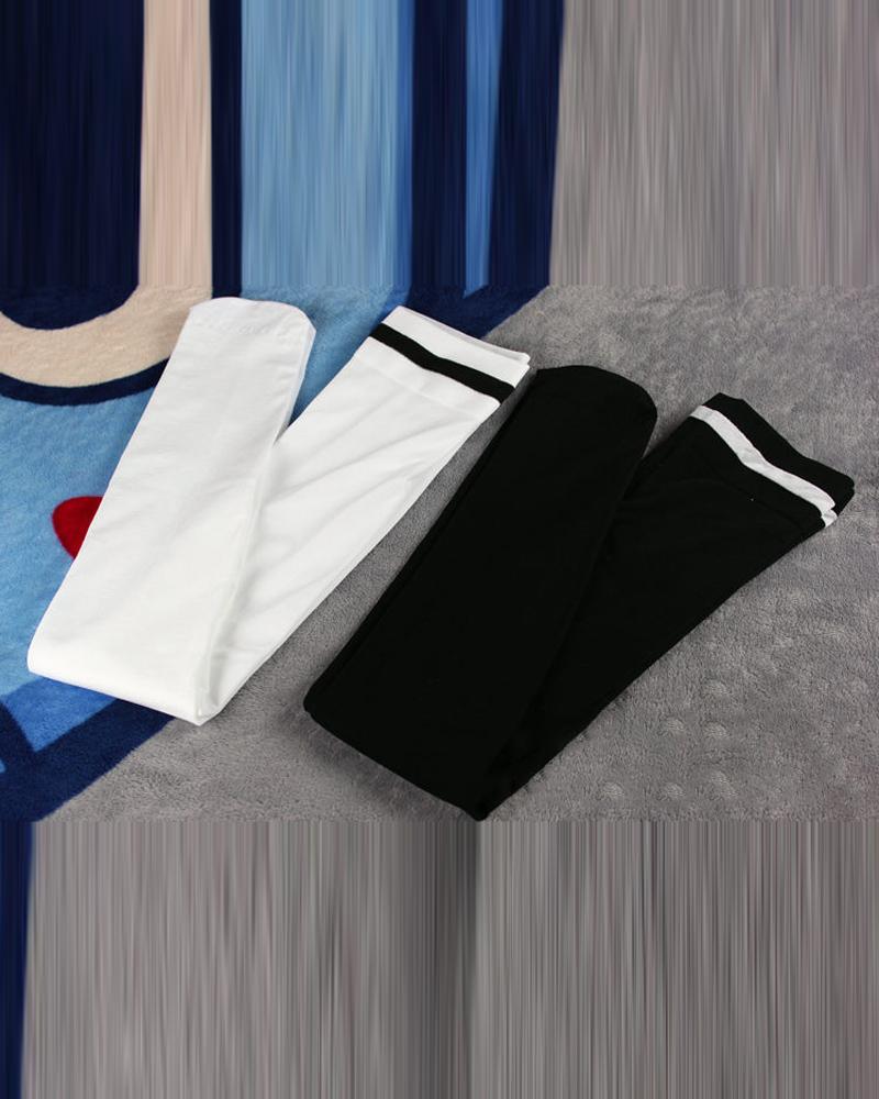 

Striped Trim Velvet Leg Warmers Over Knee Thigh High Socks, White