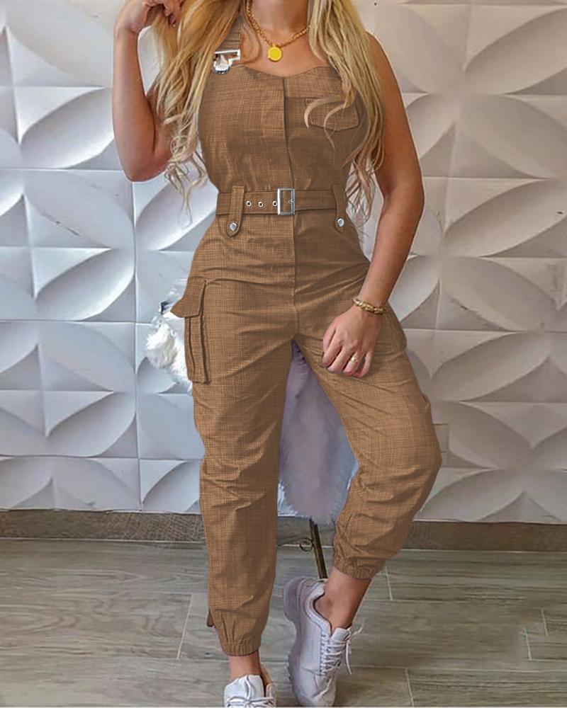 

Pocket Design Cargo Suspender Jumpsuit, Brown