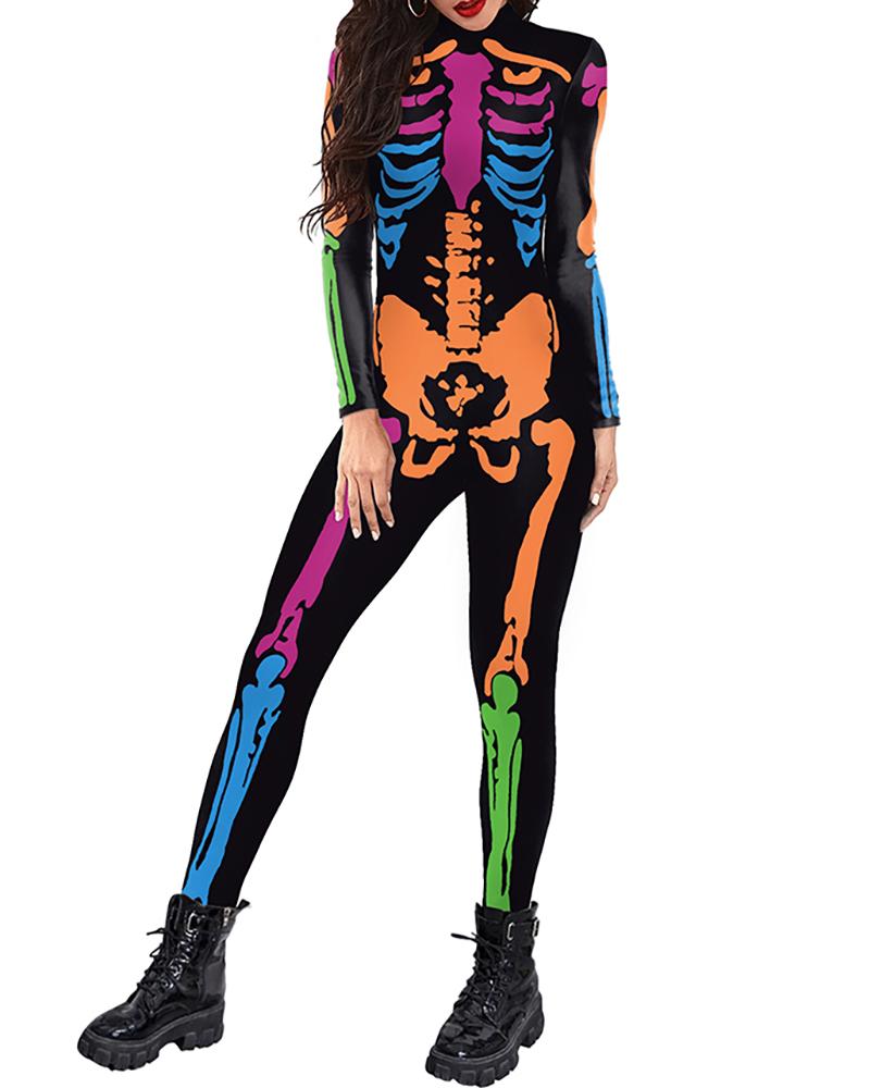 

Halloween Long Sleeve Colorful Skeleton Print Costume Jumpsuit, Multicolor