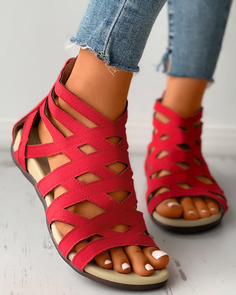 

Paisley Print / Plain Cutout Flat Sandals, Red